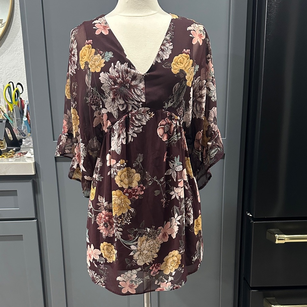 Bershka Burgundy Floral V-Neck Mini Dress 33”